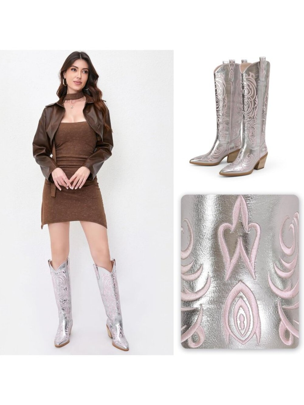 Women's Silver Rubber Cowgirl Knee High Pointed Toe Block Heel Embroiderd Boots - Picture 2 of 6